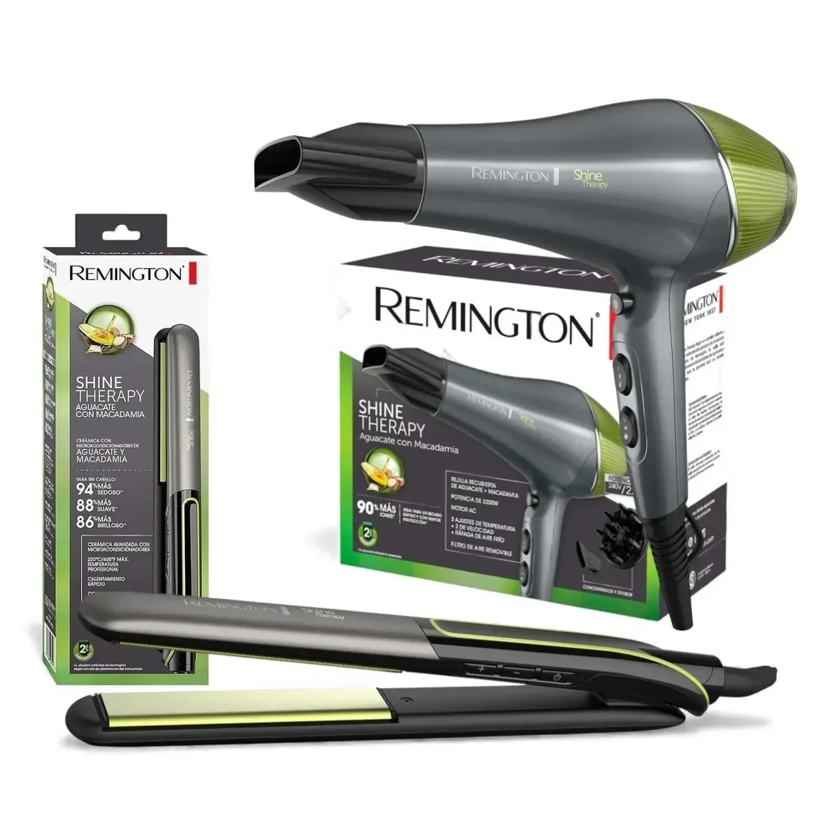 Conjunto de secador de cabelo profissional Remington 2200w + alisador de cabelo 9 configurações de temperatura 230°C
