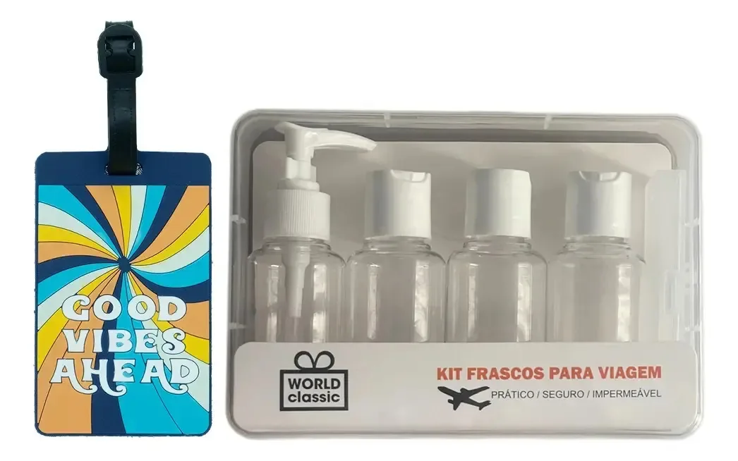 Kit Identificador Bagagem Tag Viagem E Frascos Grandes 80ml Cor Good Vibes