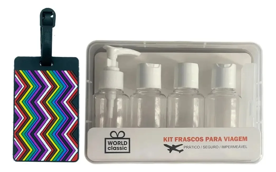 Kit Identificador Bagagem Tag Viagem E Frascos Grandes 80ml Cor Listras