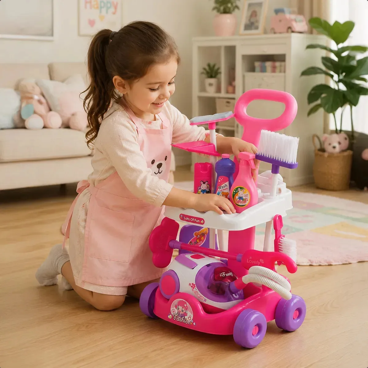 Conjunto de brinquedos de limpeza com aspirador, carrinho e acessórios, rosa