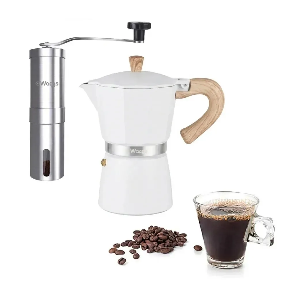 Conjunto de cafeteiras italianas Moka e moedor manual branco Ainox Waggs