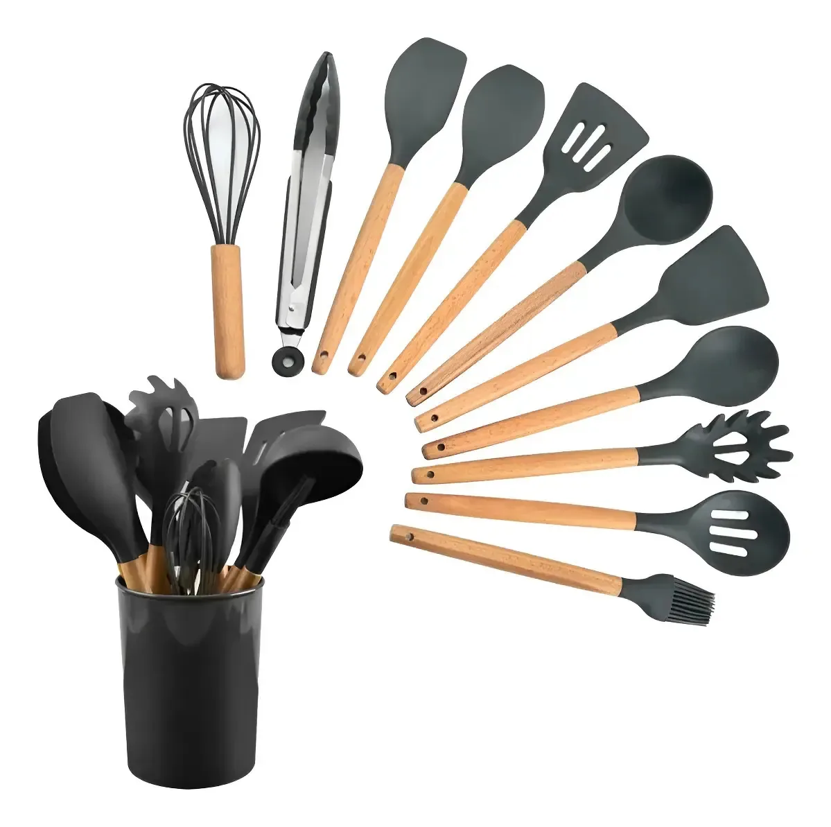 Conjunto de 12 utensílios de cozinha com alça antiaderente de silicone e madeira