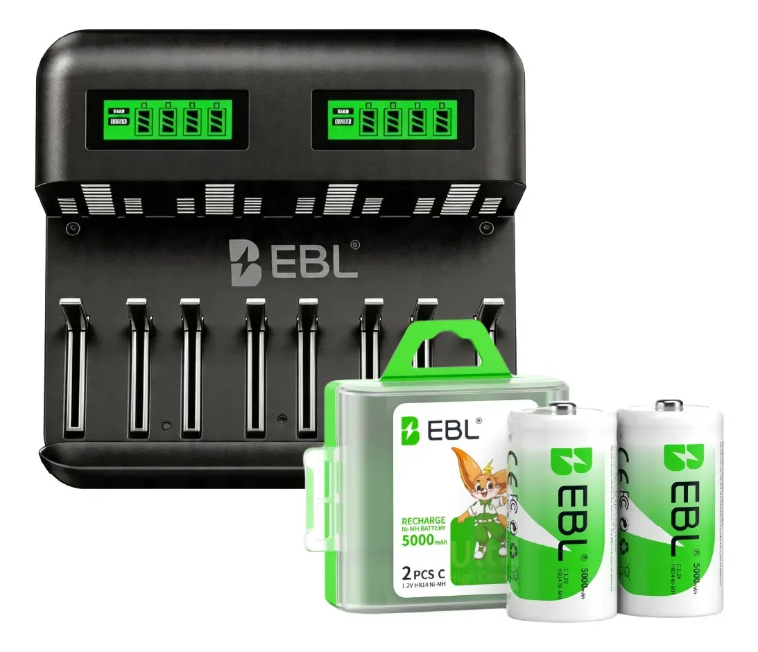 Carregador universal Combo Ebl + 2 baterias recarregáveis tipo C