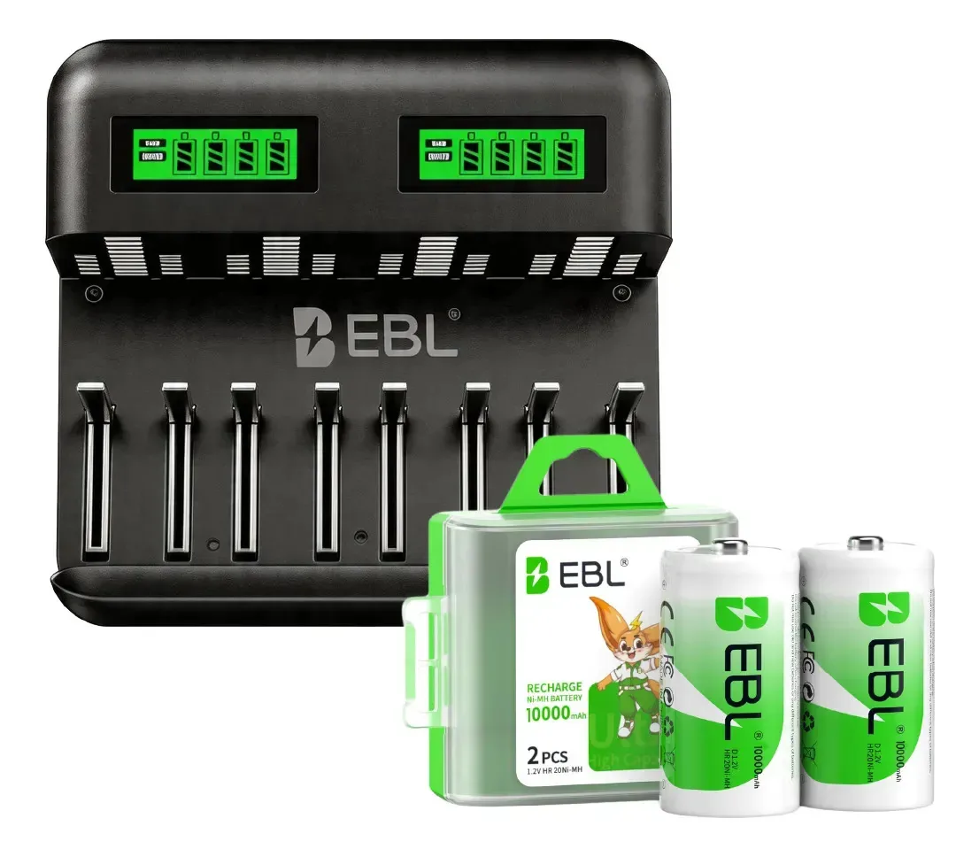 Carregador universal Combo Ebl + 2 baterias recarregáveis tipo D
