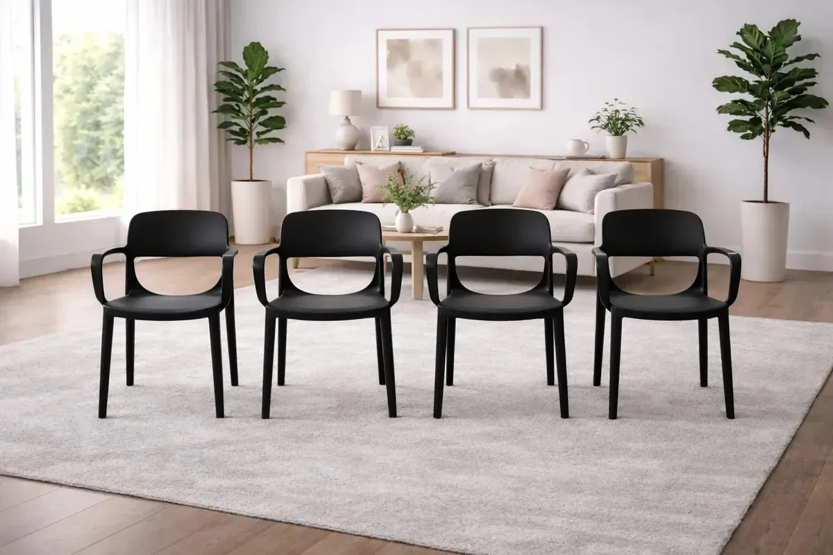 Cadeiras de jantar empilháveis de jardim Smile com apoios de braços, pacote de 4 cores: preto