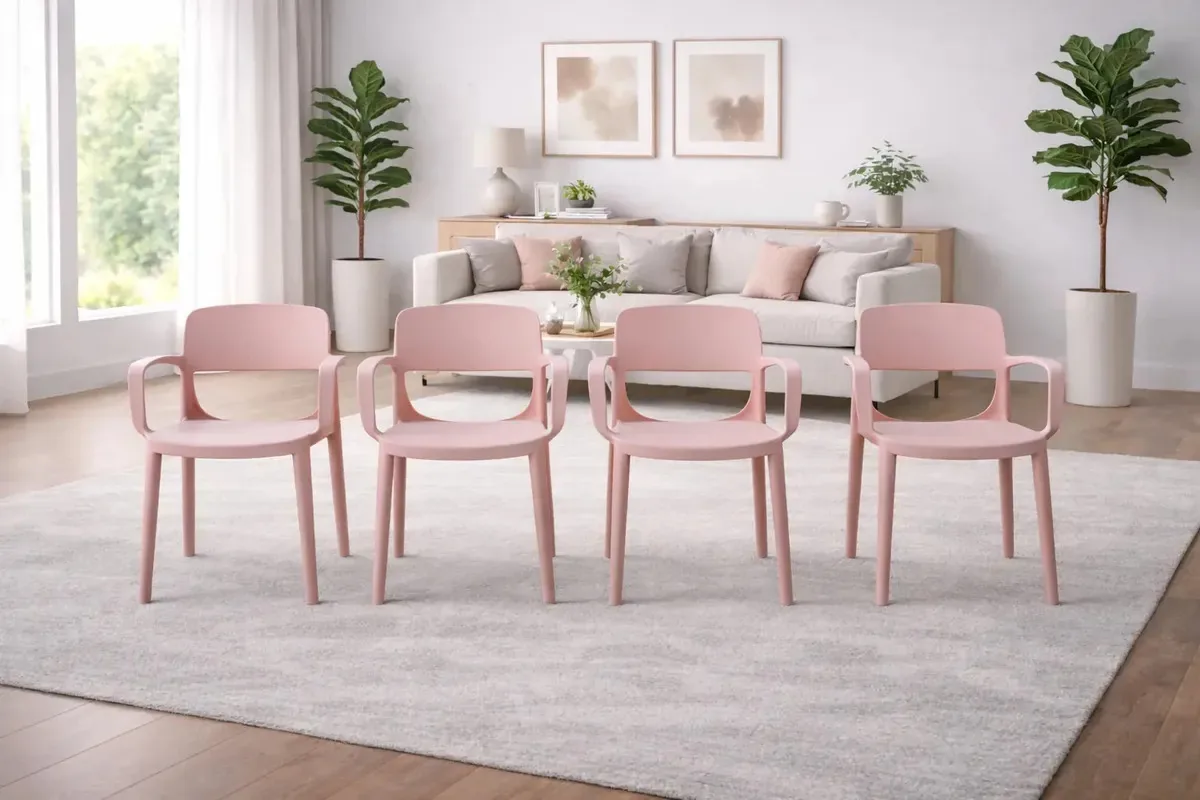 Cadeiras de jantar empilháveis de jardim Smile com apoios de braços, pacote 4, rosa
