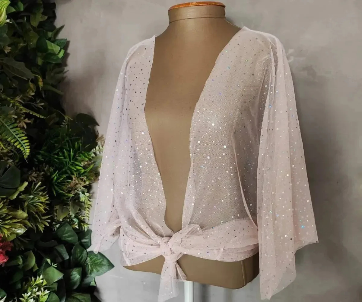 Kimono Tule Brilho Carnaval Bloquinho Fantasia Folia Cor Rose