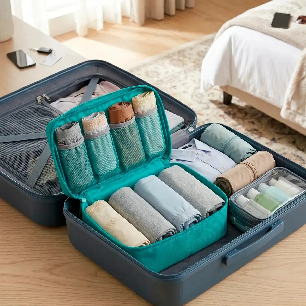 Organizador de roupa íntima de viagem, mala, bolsa de cosméticos, cor azul petróleo