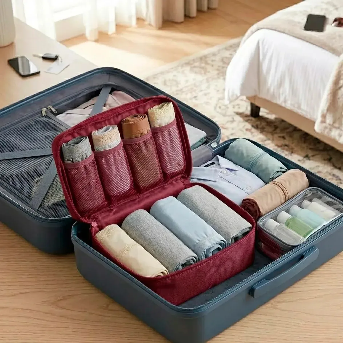 Organizador de roupa íntima de viagem, mala, bolsa de cosméticos, cor: bordeaux