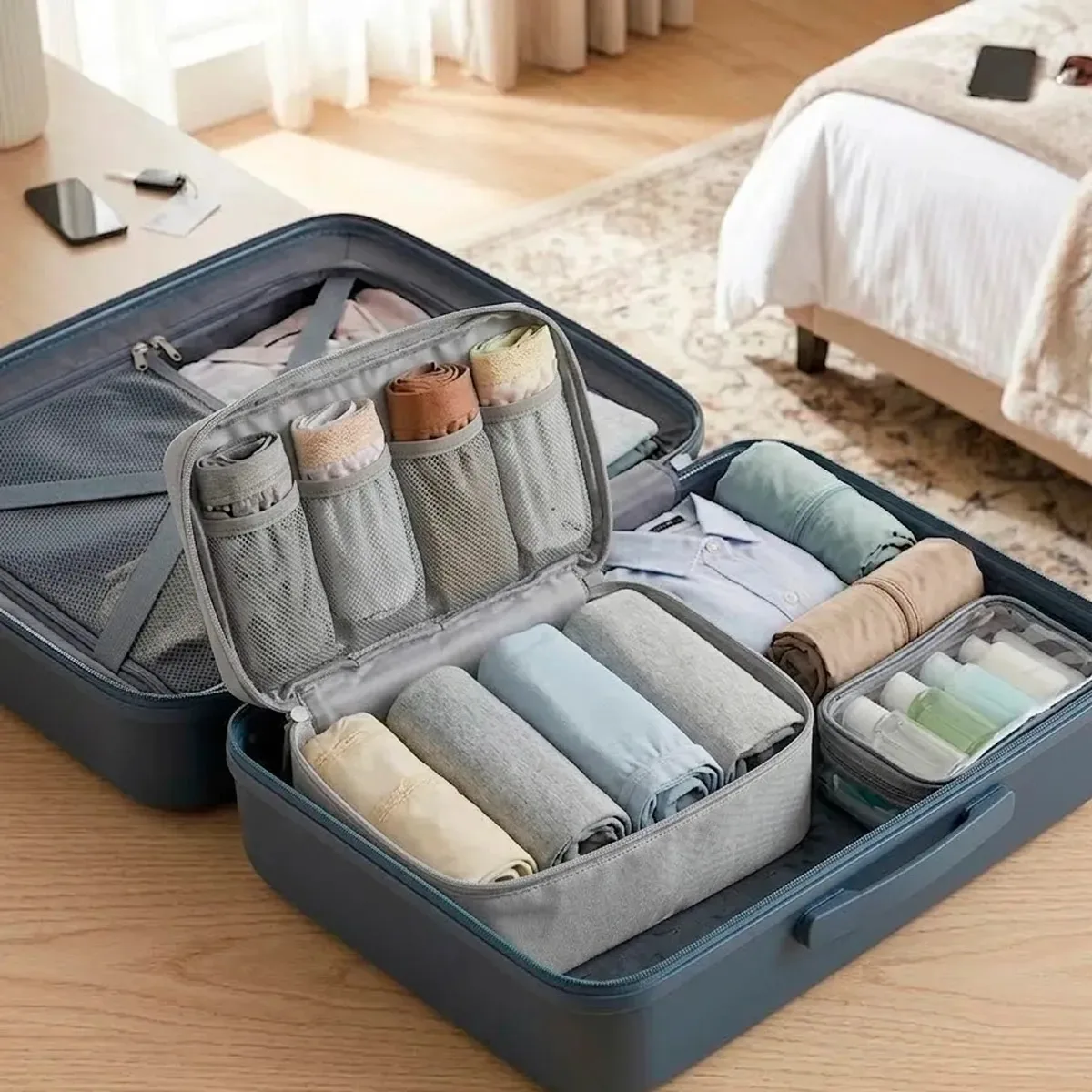 Organizador de roupa íntima de viagem, mala, bolsa de cosméticos, cor: cinza