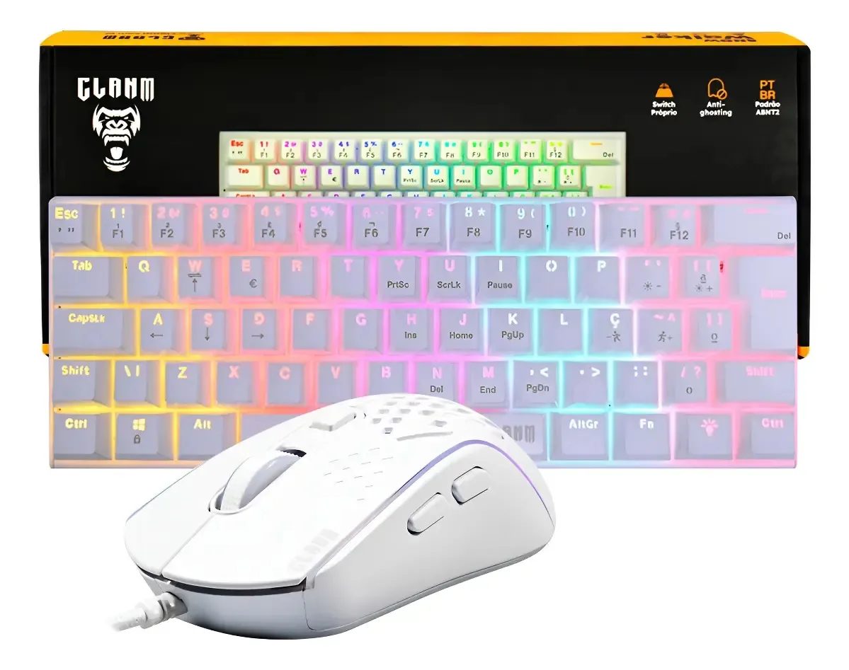Kit Gamer Teclado Mecânico 60% Branco + Mouse Rgb Branco