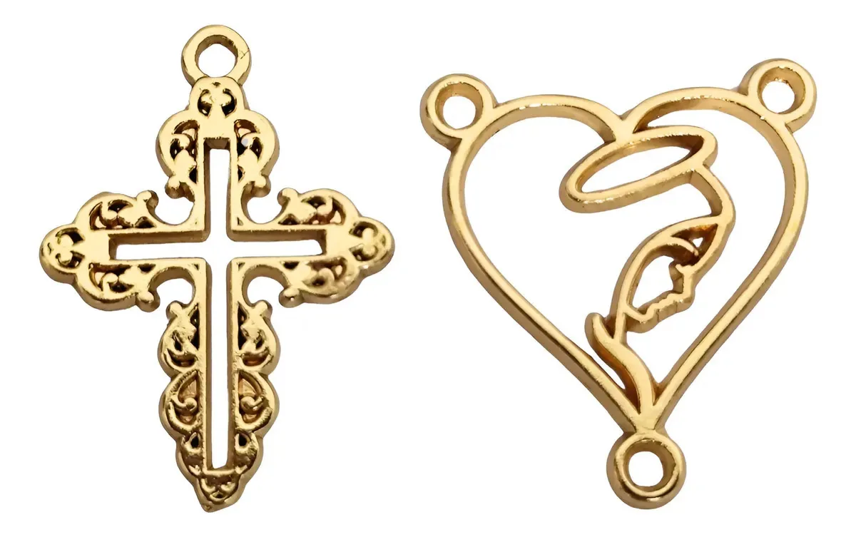 10 Pingentes Crucifixos + 10 Entremeios N Senhora Banho Ouro Dourado Ouro