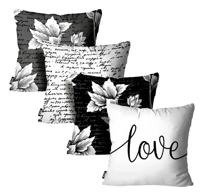 Kit 4 Capas Almofadas Cartas Secretas Preto E Branco 45x45cm