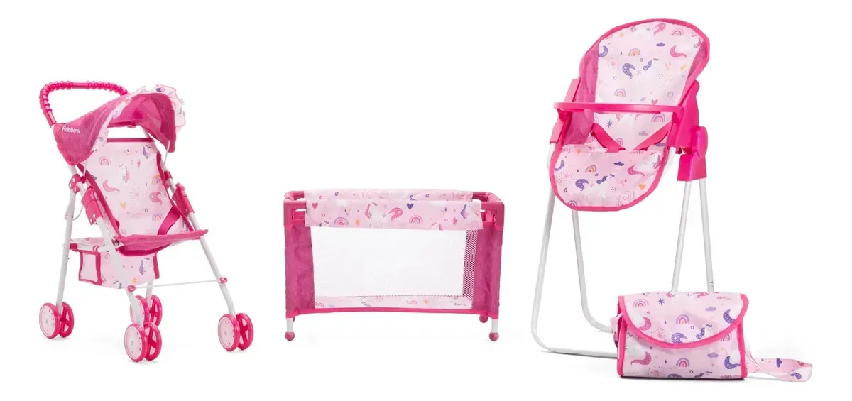 Conjunto de bonecas Rainbow, carro, berço, cadeira e bolsa, rosa