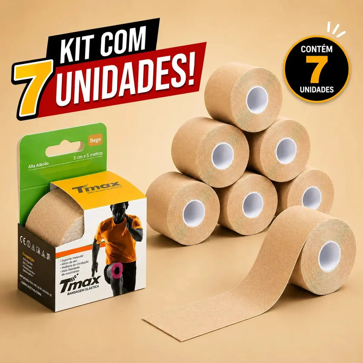 Kit 7 Unidades Fita Tmax Bandagem Cinesiológicas Tape Elástica Adesiva 5m Bege Suporte Muscular - Uso Profissional E Esportivo