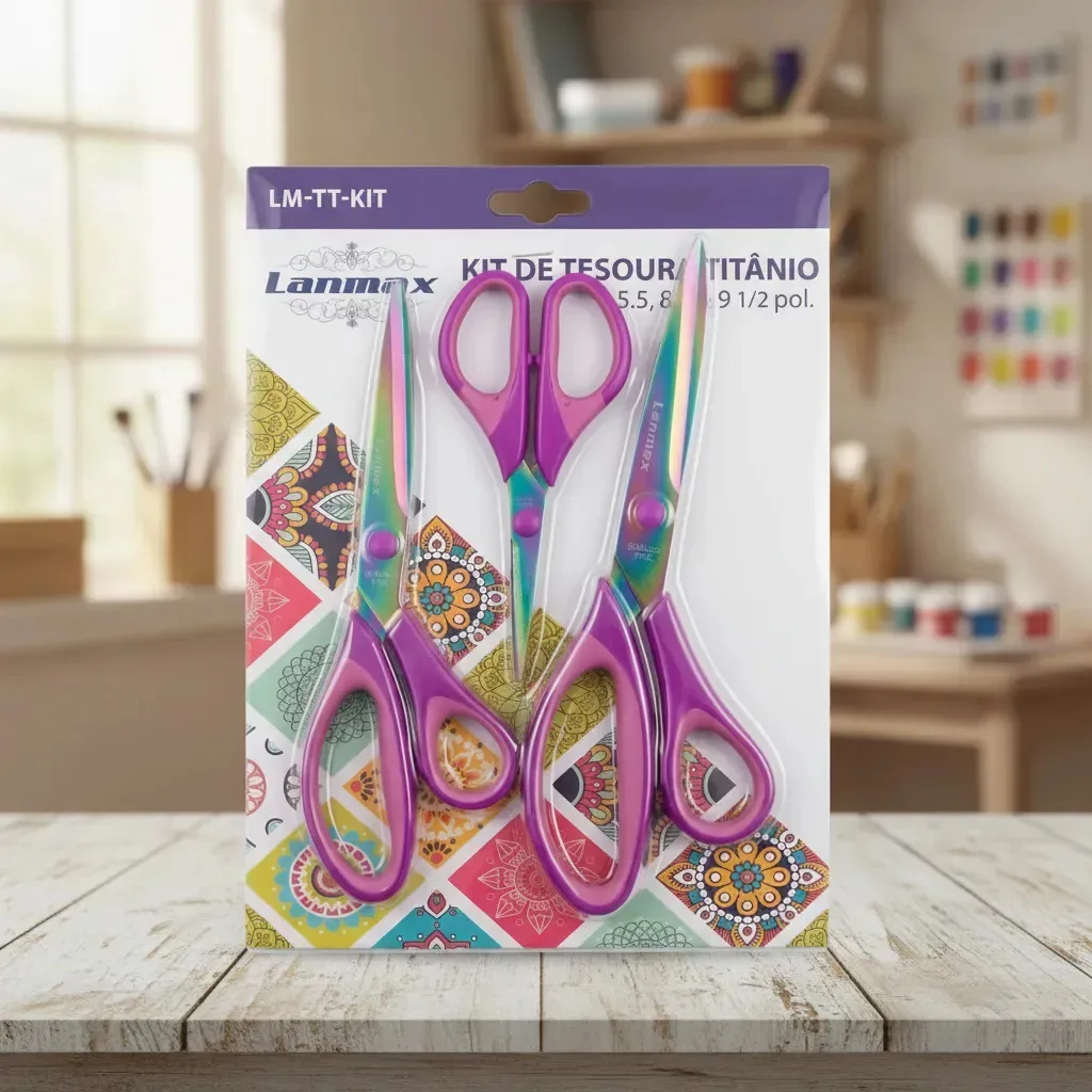 Kit 3 Tesouras Titânio Lanmax Para Papelaria E Artesanato Roxo