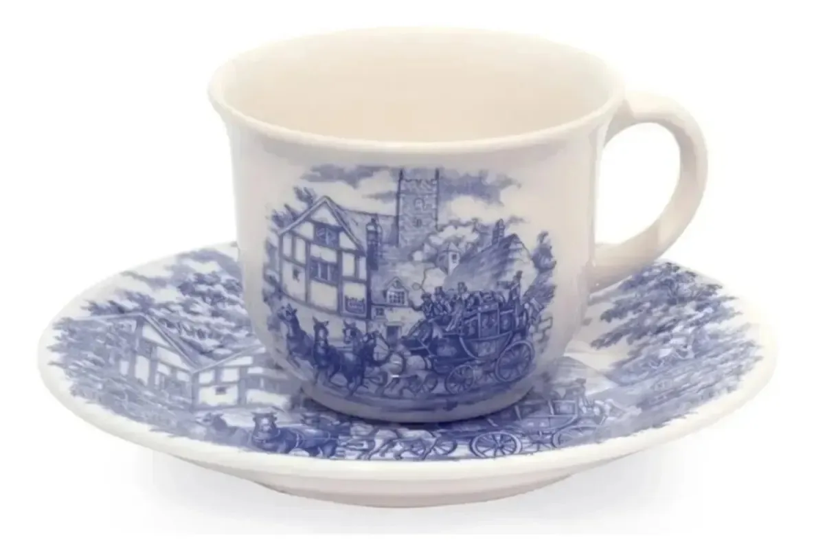 Copos e pratos de jantar ingleses Biona Blue Ceramic