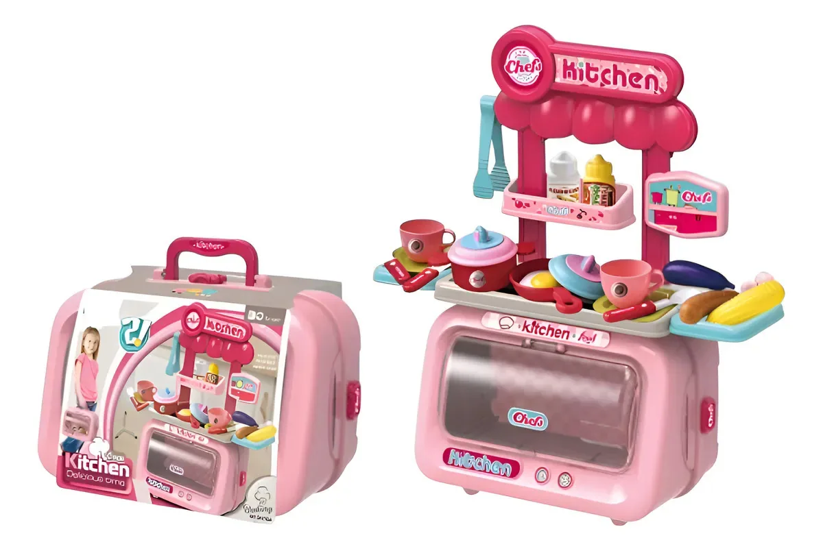 Mala de cozinha com forno 2 em 1 e acessórios rosa