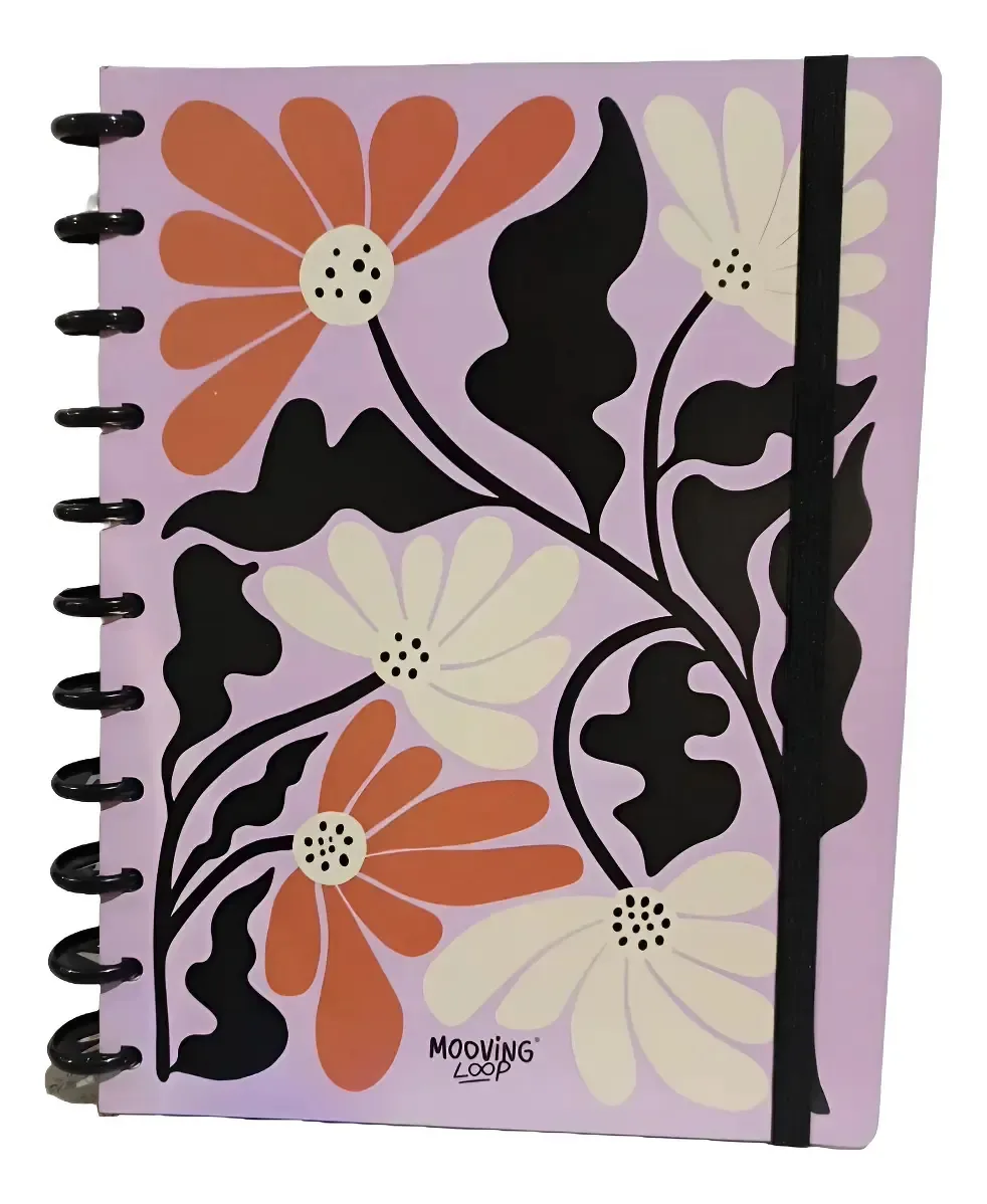 Caderno de cartas, folhas móveis, discos, laços, listrado, preto