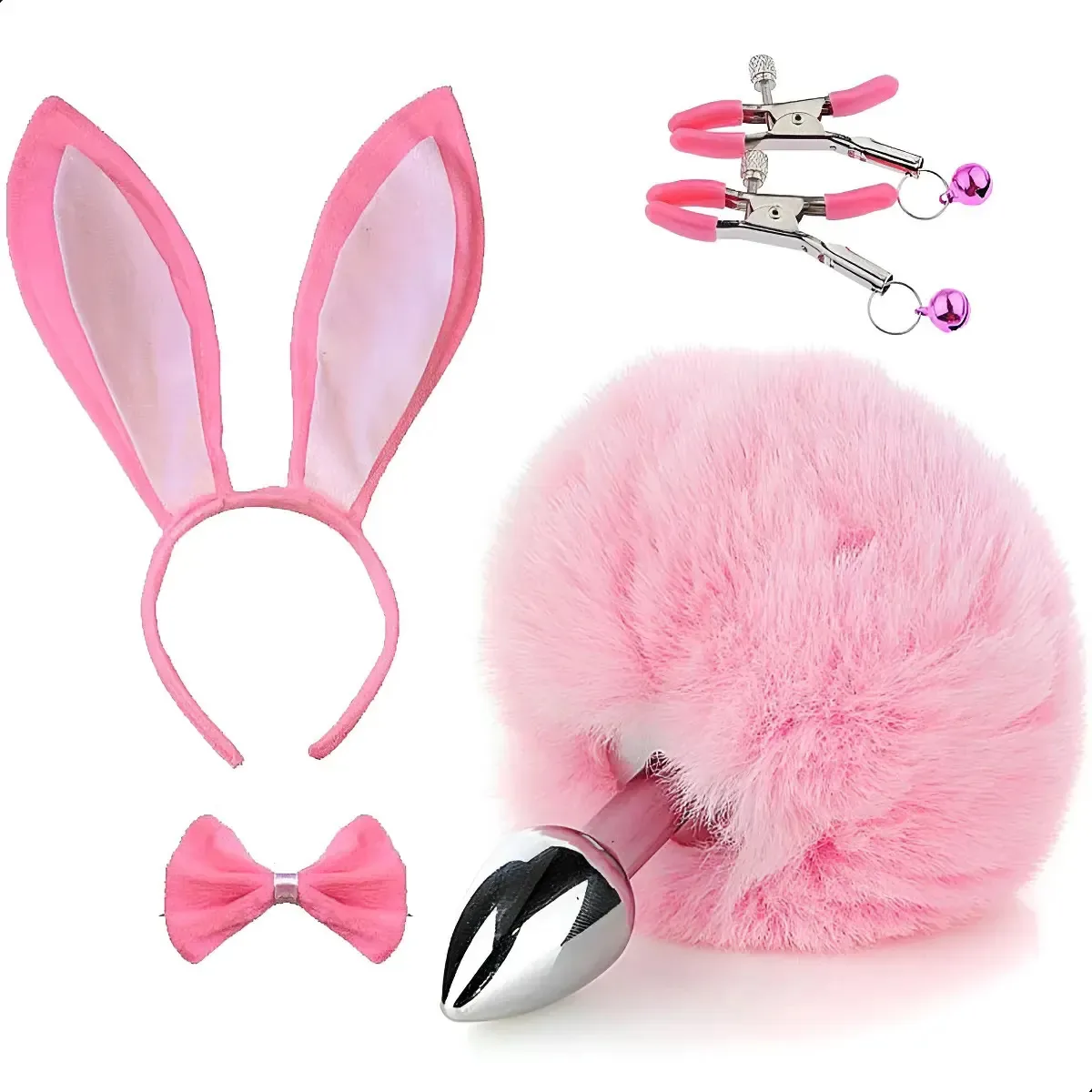 Plug Anal Rabo Cauda Pompom Coelho Tiara Grampos Seios Gozar Rosa