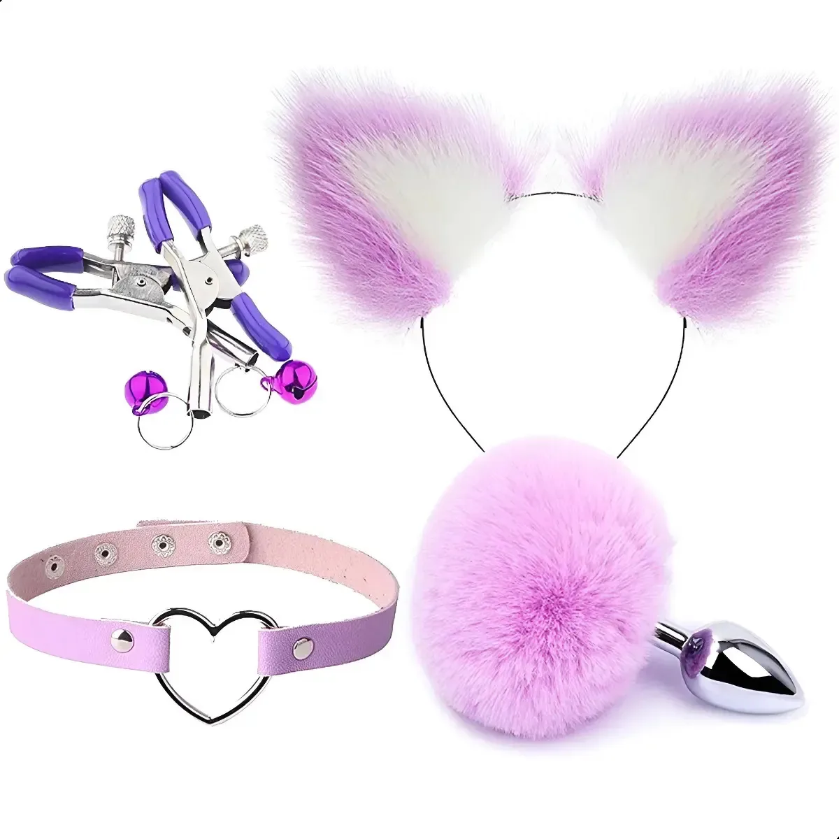 Plug Anal Rabo Pompom Coelho Tiara Grampos Seios Gargantilha Cor Roxo
