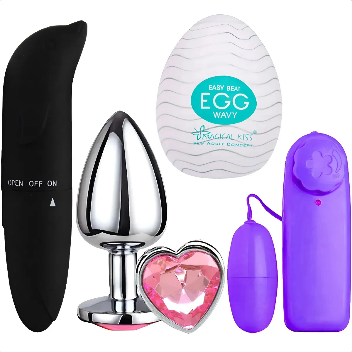 Kit Vibradores Egg Ovável Golfinho e Bullet de Silicone com Plug Anal QT – 4 Peças em Branco