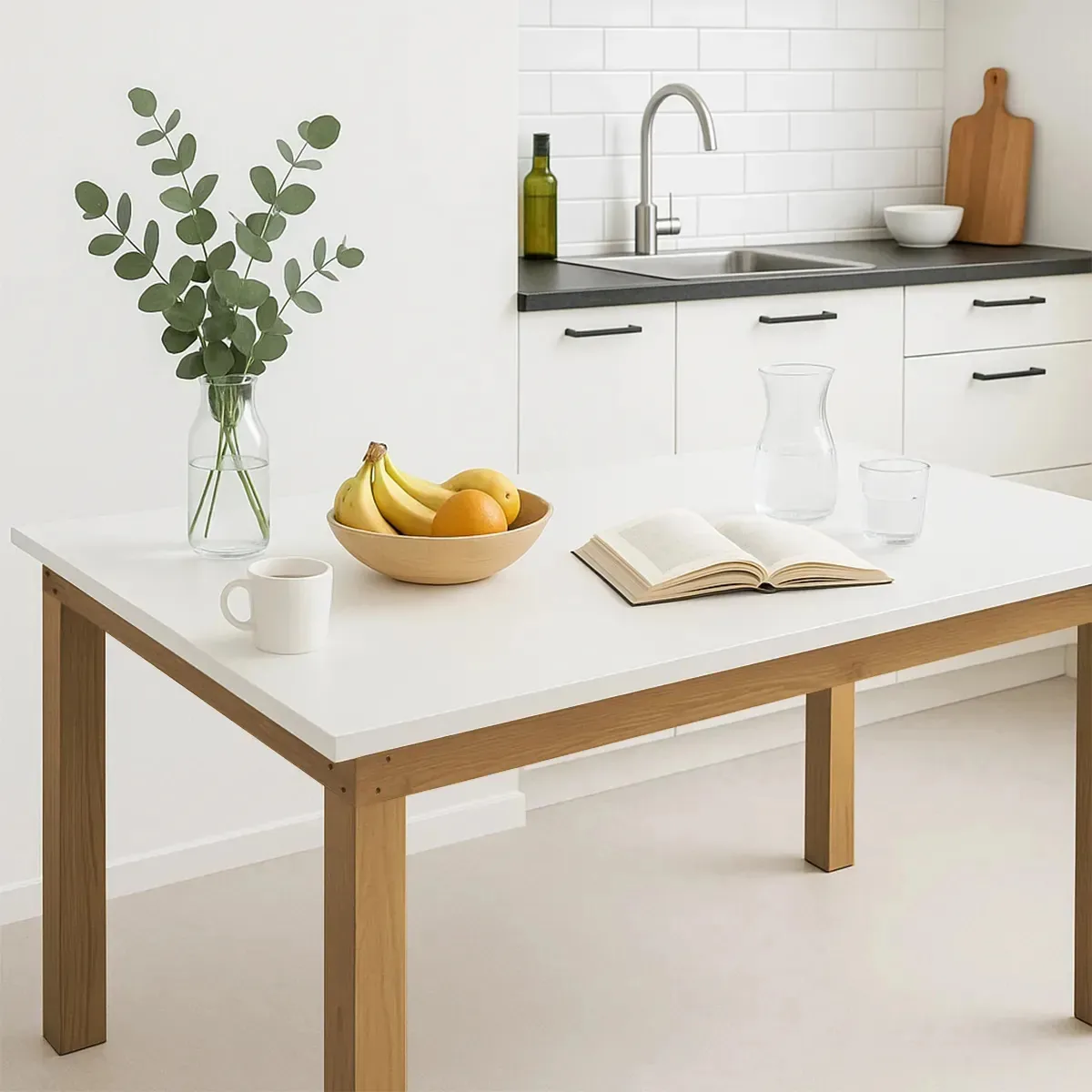 Mesa de jantar moderna de melamina com 140x80 cm de altura, pernas brancas, tampo branco, pernas de carvalho
