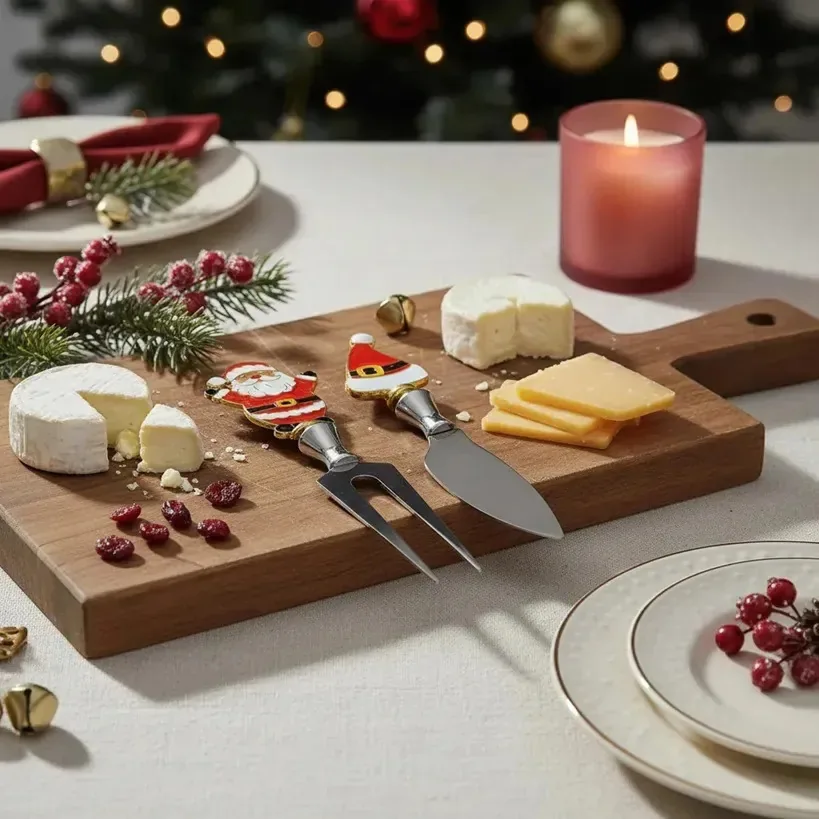 Conjunto Faca E Garfo De Natal P/ Petiscos E Queijos Gourmet Gorro-noel