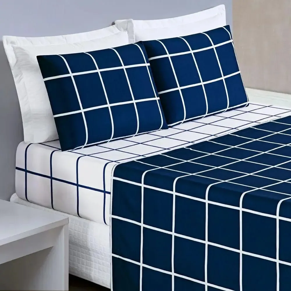 Jogo Cama Lençol Solteiro 200 Fios 3 Peças Azul Marinho Azul