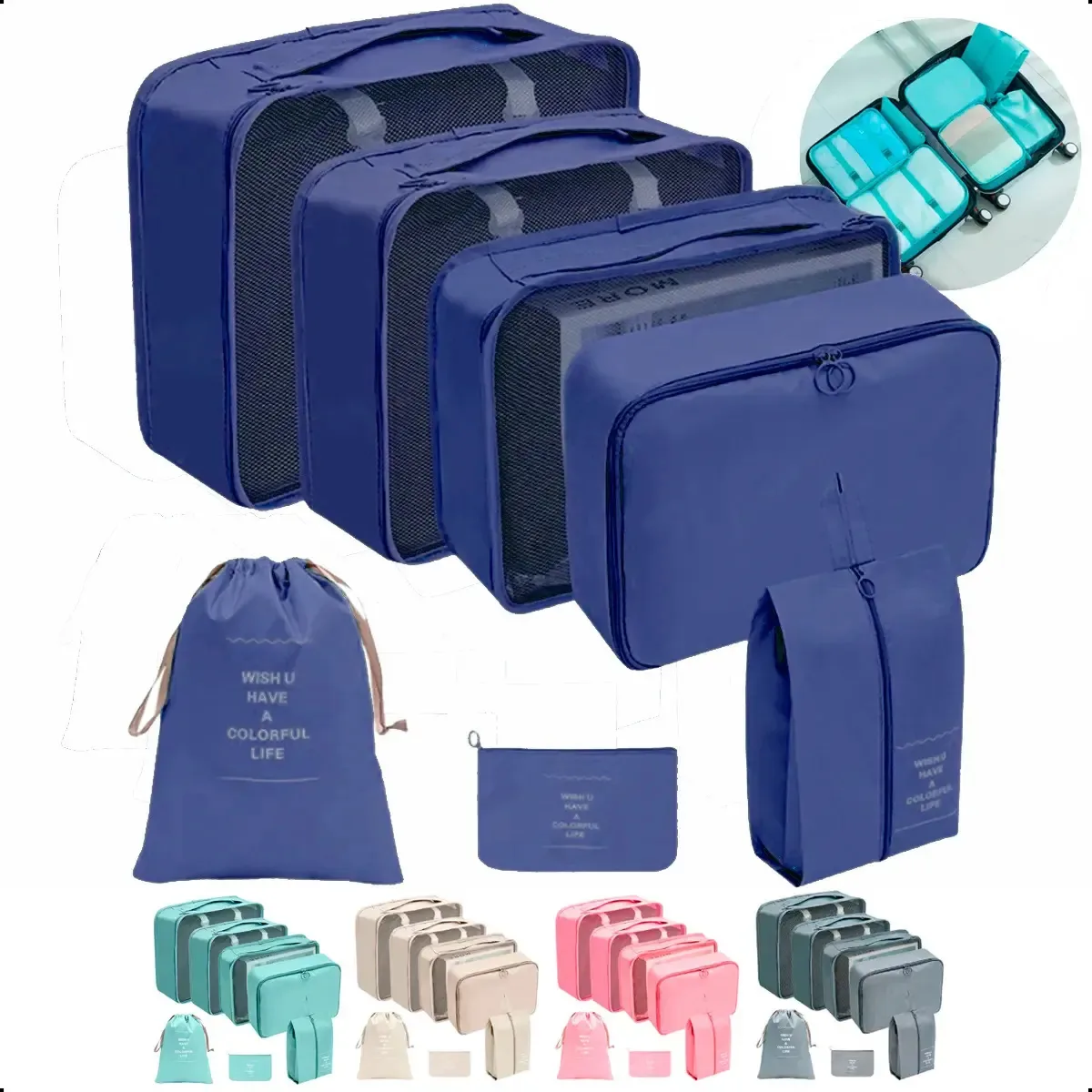 Kit Organizador De Mala Viagem Bagagem 7 Pçs Bolsas Práticas Cor Azul