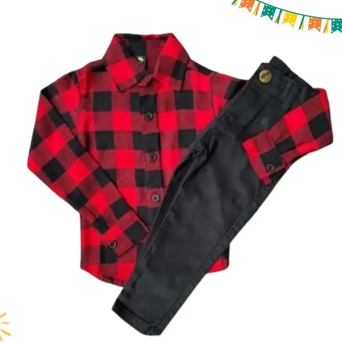 Poderoso Baby Moda Acessórios Camisa Xadrez + Calça Preta Vermelho Preto Tam. 1 ano