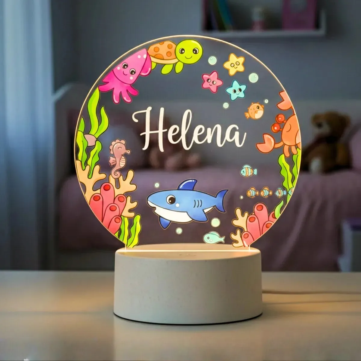 Abajur Infantil Fundo Do Mar Quarto Bebê Personalizada Nome Não - Não Quero Embalar Para Presente Branco