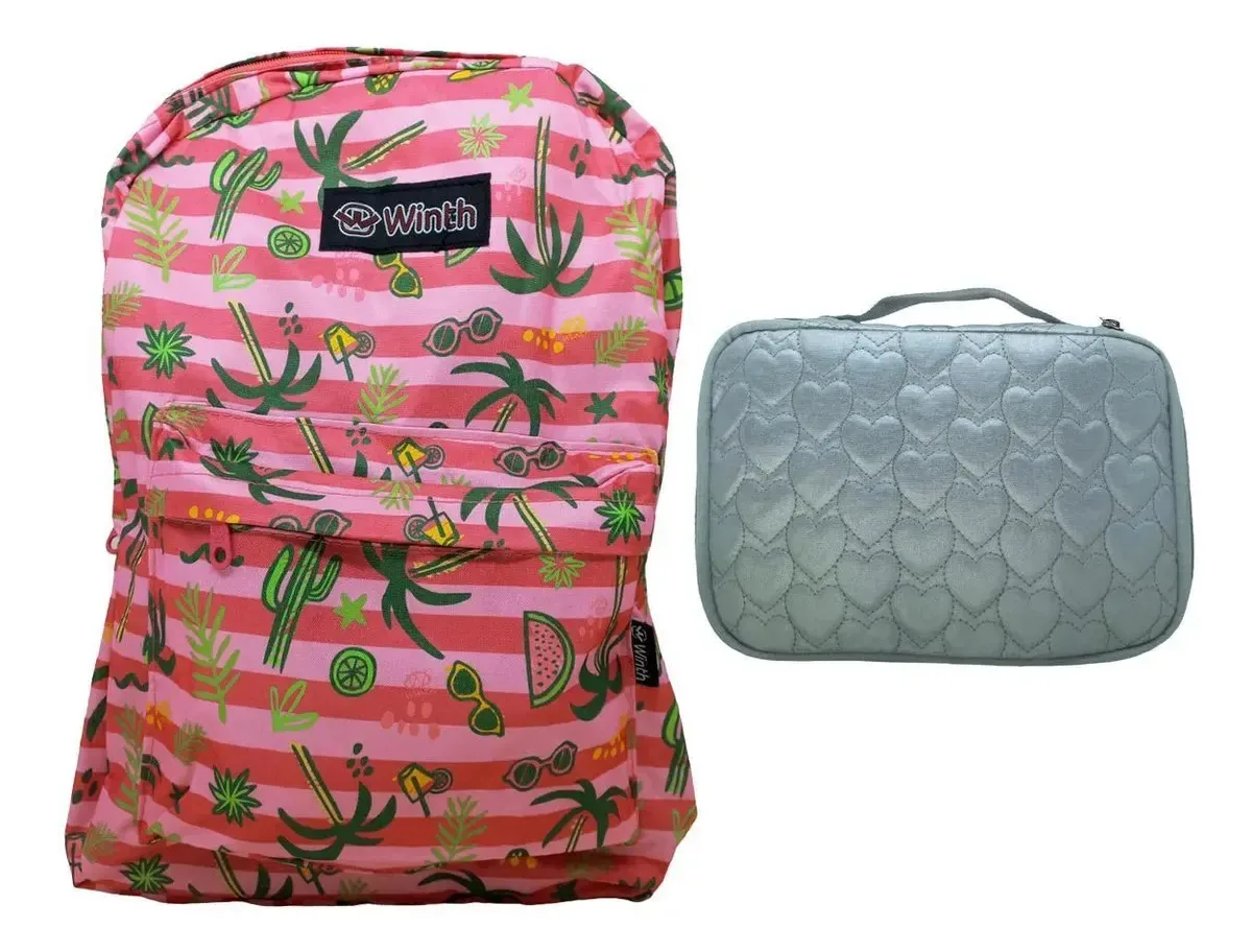 Kit Material Escolar Feminino Mochila Estampada Rosa Estojo