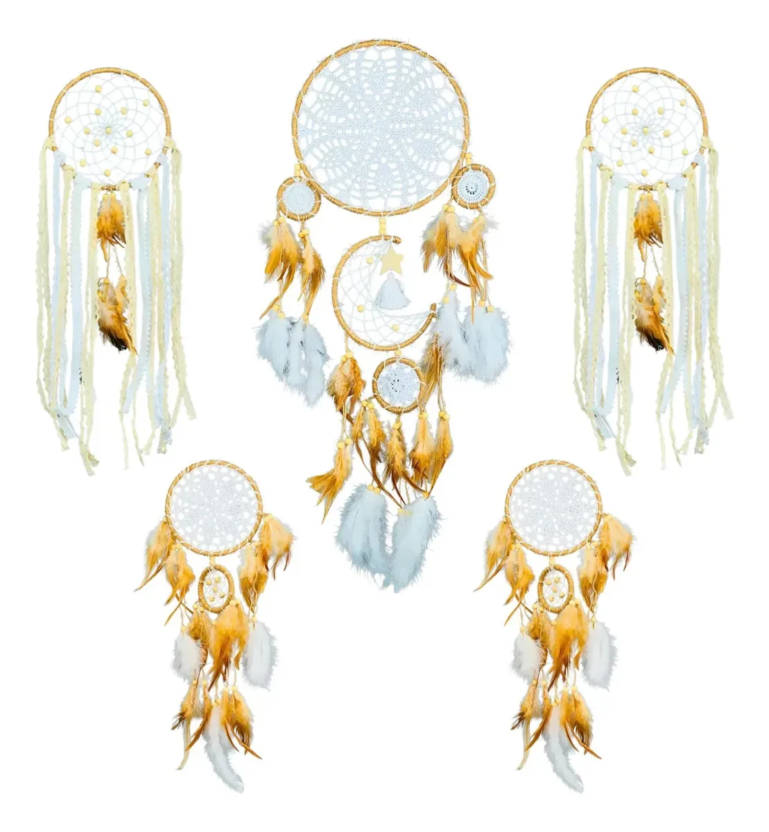 Decoração suspensa Dream Catcher com penas, 5 unidades, cor marrom