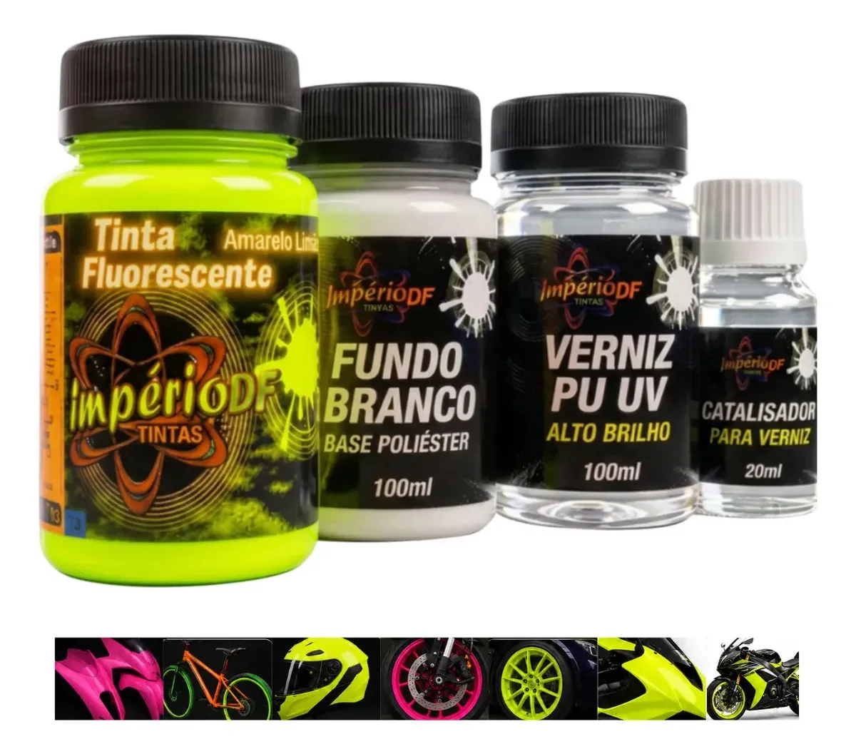 Kit Tinta Fluorescente Aerografia 100ml + Fundo + Verniz Uv Amarelo Limão