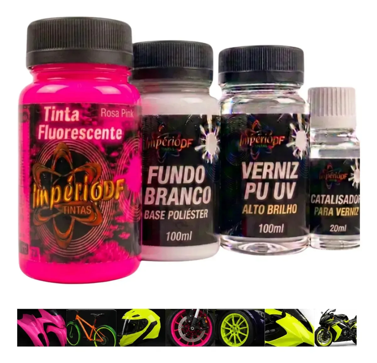 Kit Tinta Fluorescente Aerografia 100ml + Fundo + Verniz Uv Rosa Pink