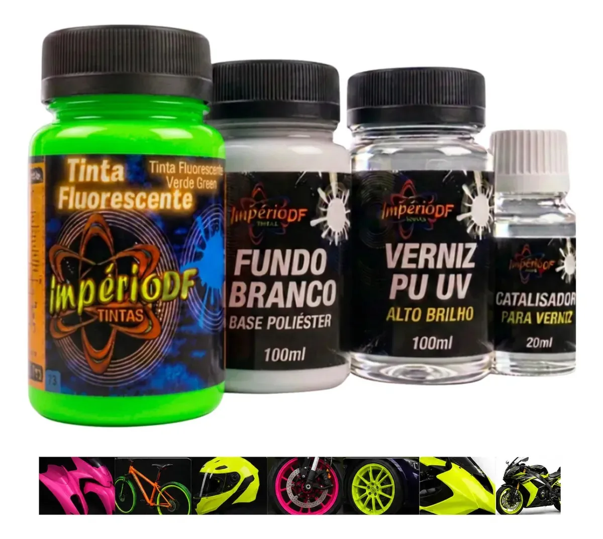 Kit Tinta Fluorescente Aerografia 100ml + Fundo + Verniz Uv Verde Green