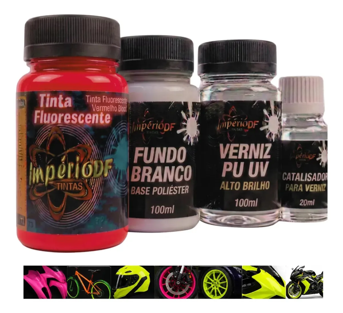 Kit Tinta Fluorescente Aerografia 100ml + Fundo + Verniz Uv Vermelho Blood