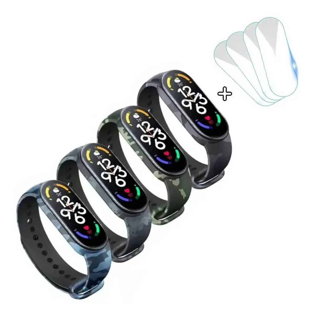 4 Pulseiras Camufladas + 4 Peliculas Para Xiaomi Mi Band 7 Camuflada