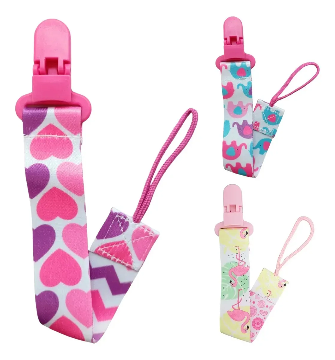 Kit 3 Prendedores De Chupeta Menino Menina Coloridos Animado Cor Corações Elefantes Rosas Flamingos