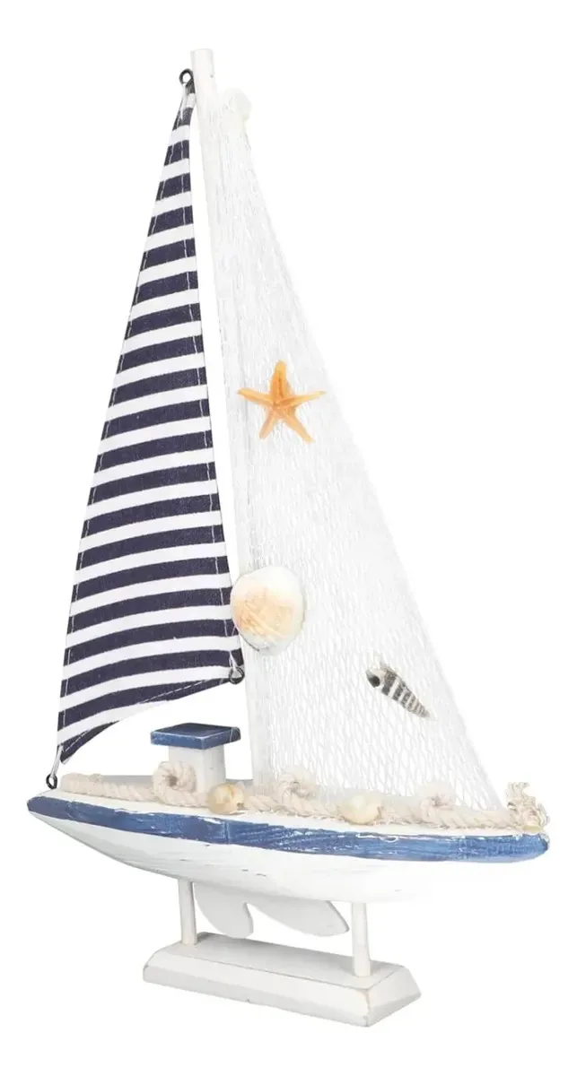 Navio Branco E Azul Decoração Mar Barco Veleiro Grande 25cm
