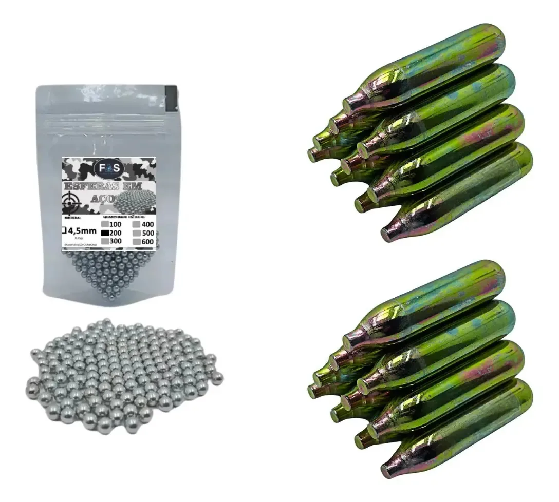 200 Esferas De Aço Pistola Bbs 4,5mm + 20 Cilindros Co2 12g