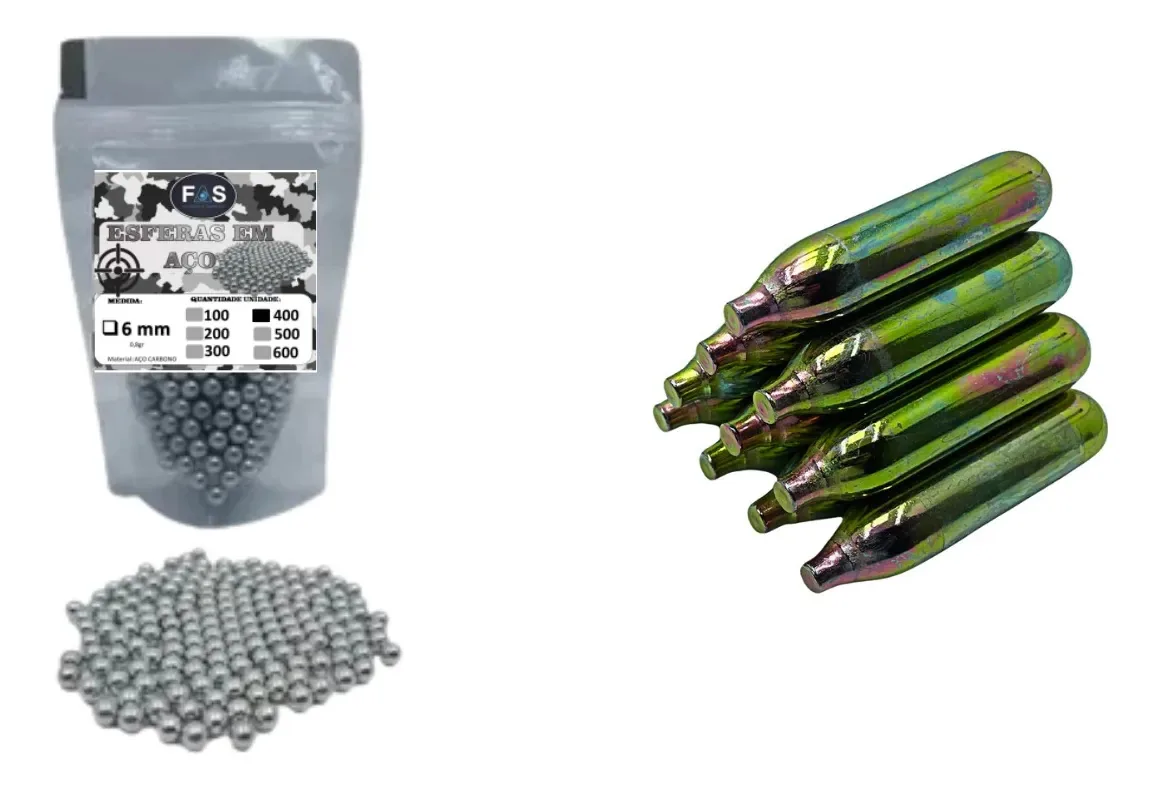 400 Esferas De Aço C11 Airgun Bbs 6mm + 10 Cilindros Co2 12g