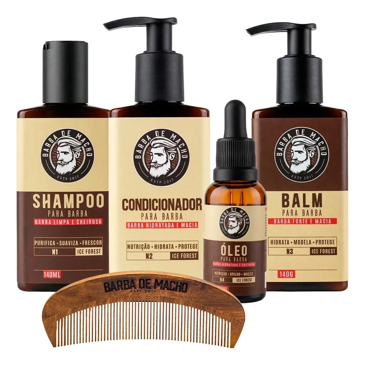 Kit Barba De Macho Shampoo Condicionador Balm Óleo + Pente