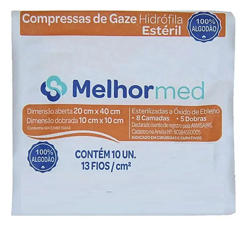 Gaze Estéril Melhormed 10x10cm 13 Fios Kit Com 100 Pacotes Branco