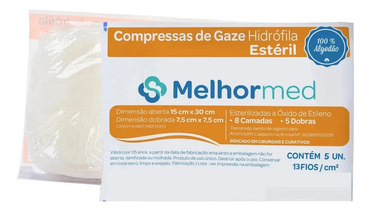 Compressa Cirurgica Estéril Gaze 7,5x7,5 13 Fios 100 Pacotes Branco