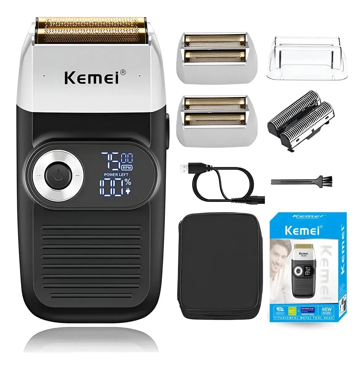 Barbeador e aparador elétrico de barba Kemei Km-2026 preto, barbeador elétrico profissional de metal sem fio, barbeador de barba para homens, aparador de barba facial recarregável USB
