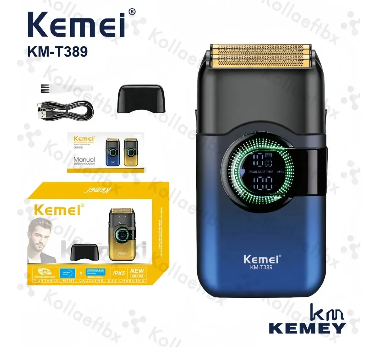 Barbeador e aparador elétrico de barba Kemei Km-t389 preto, barbeador elétrico profissional de metal sem fio, barbeador de barba para homens, aparador de barba facial recarregável USB, lan
