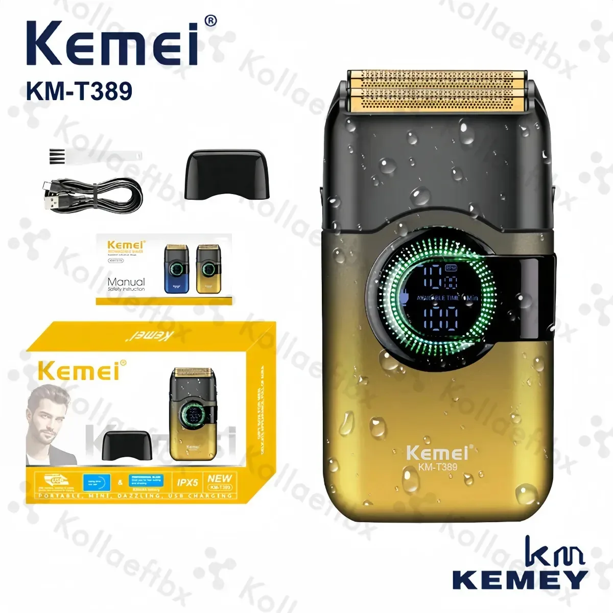 Barbeador e aparador elétrico de barba Kemei Km-t389 preto, barbeador elétrico profissional de metal sem fio, barbeador de barba para homens, aparador de barba facial recarregável USB