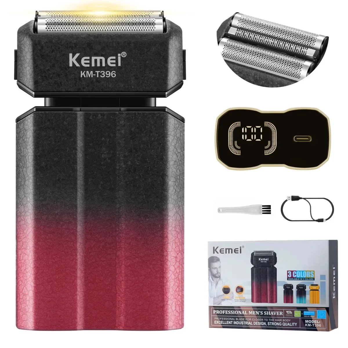 Barbeador sem fio recarregável Kemei Km-t396 110v 240v, barbeador elétrico profissional de metal sem fio, barbeador de barba para homens, aparador de barba facial recarregável USB, 1